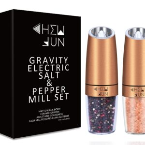 Gravity Salt and Pepper Grinder Set with Adjustable Coarseness Automatic Pepper and Salt Mill Set Battery Powered with White LED Light,One Hand Operated,Brushed Stainless Steel by CHEW FUN