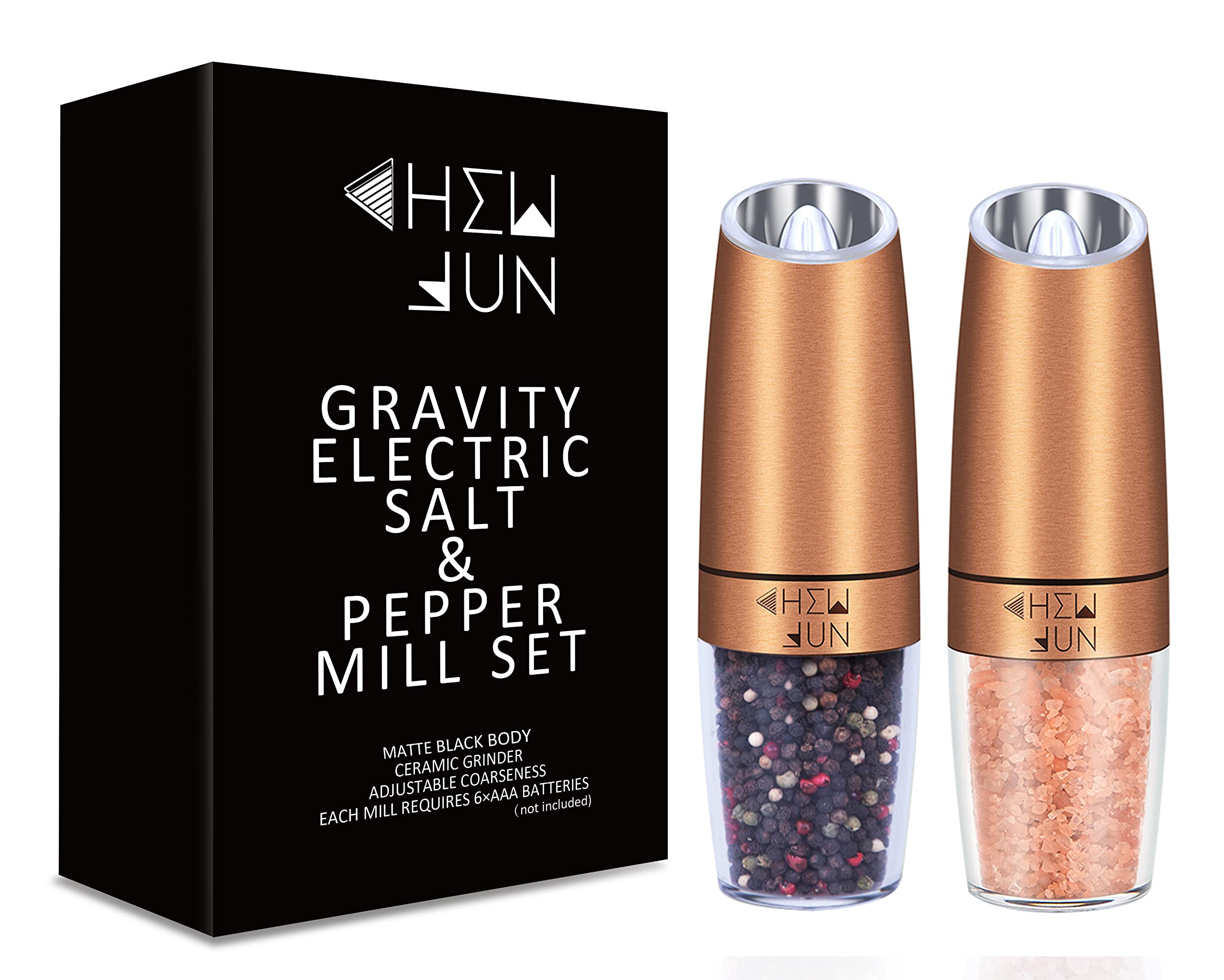 Gravity Salt and Pepper Grinder Set with Adjustable Coarseness Automatic Pepper and Salt Mill Set Battery Powered with White LED Light,One Hand Operated,Brushed Stainless Steel by CHEW FUN