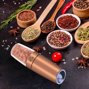 Gravity Salt and Pepper Grinder Set with Adjustable Coarseness Automatic Pepper and Salt Mill Set Battery Powered with White LED Light,One Hand Operated,Brushed Stainless Steel by CHEW FUN