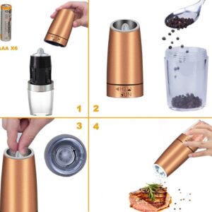 Gravity Salt and Pepper Grinder Set with Adjustable Coarseness Automatic Pepper and Salt Mill Set Battery Powered with White LED Light,One Hand Operated,Brushed Stainless Steel by CHEW FUN