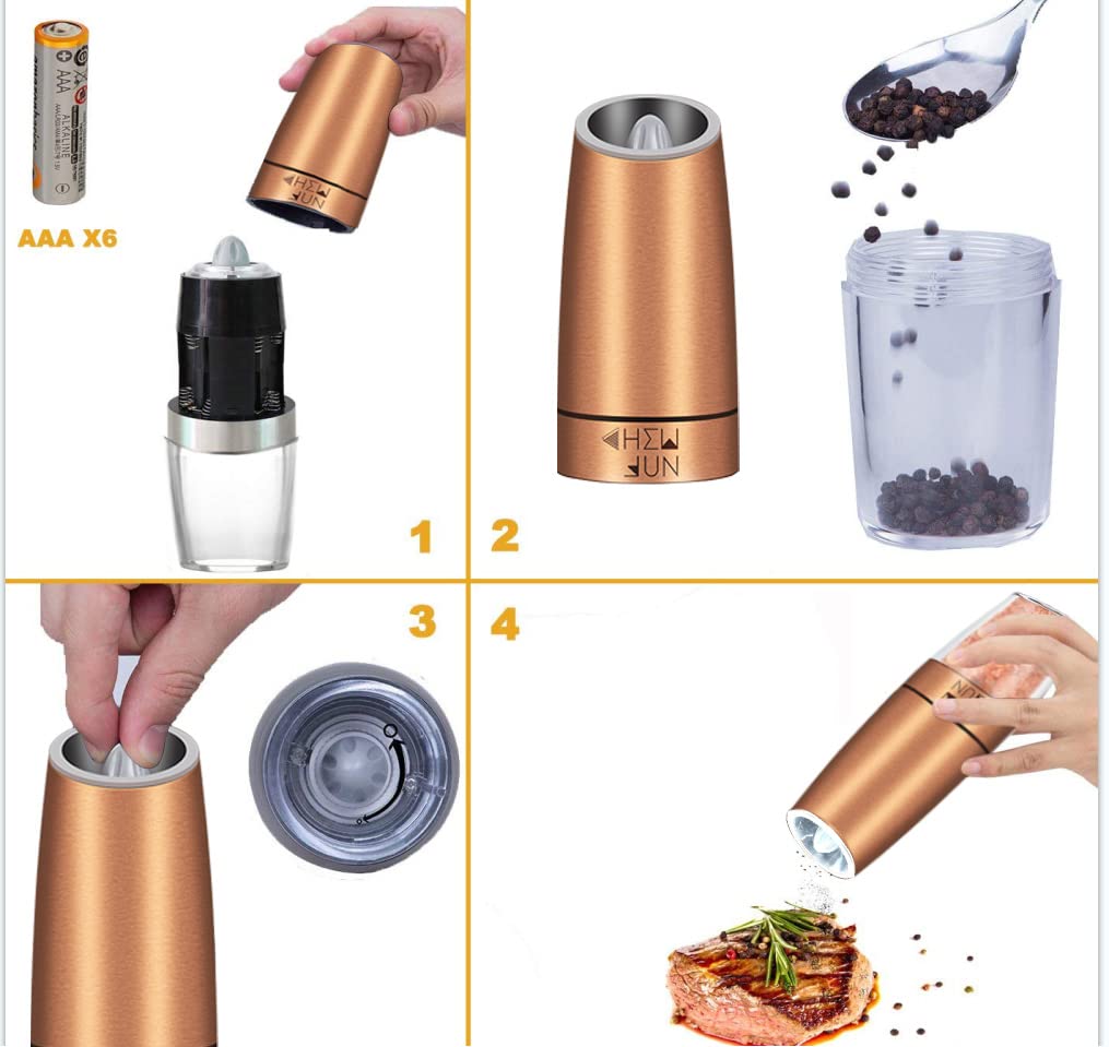 Gravity Salt and Pepper Grinder Set with Adjustable Coarseness Automatic Pepper and Salt Mill Set Battery Powered with White LED Light,One Hand Operated,Brushed Stainless Steel by CHEW FUN