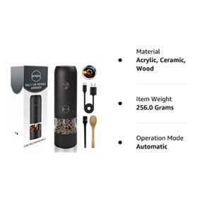 Electric Pepper Grinder - Rechargeable Salt Pepper Mill, LED Lights Black Automatic Pepper Salt Mill Grinder Refillable, Adjustable Coarseness Shaker, One Hand Operation (1 Pack)