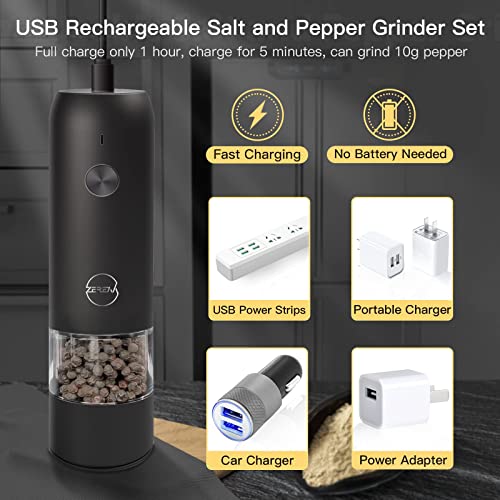 Electric Pepper Grinder - Rechargeable Salt Pepper Mill, LED Lights Black Automatic Pepper Salt Mill Grinder Refillable, Adjustable Coarseness Shaker, One Hand Operation (1 Pack)