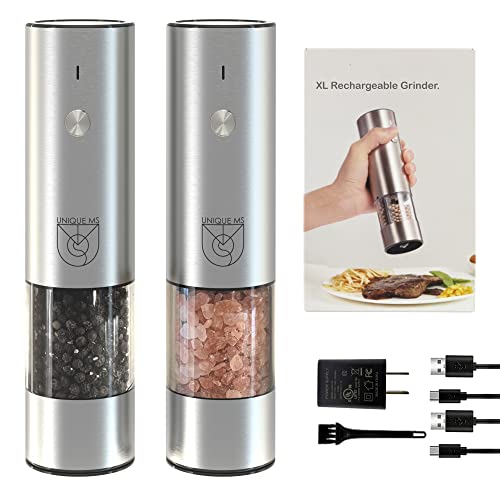 Rechargeable salt and pepper grinder set - Electric salt and pepper grinder - Electric pepper mill Spice grinder (46 g Spice Holder) Stainless steel Adjustable Coarseness LED light