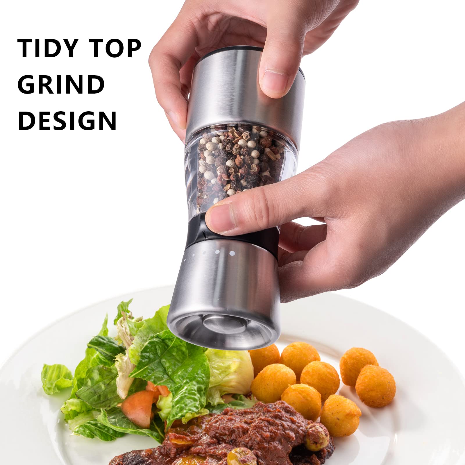 Pepper Grinder, Professional Refillable Pepper Mill with 5 levels Adjustable Coarse Mills, Salt Grinder Stainless Steel Sea Salt & Spice Shakers