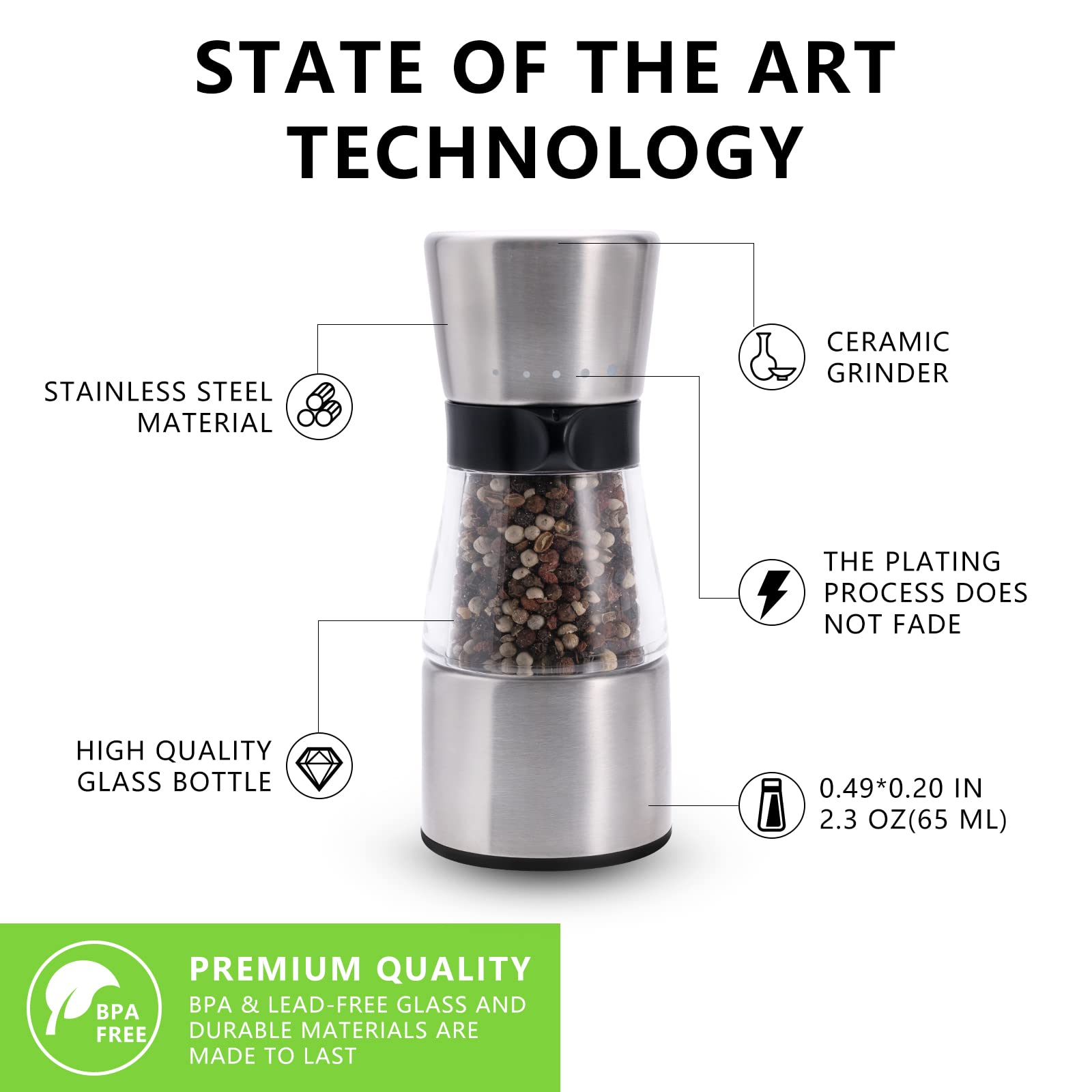 Pepper Grinder, Professional Refillable Pepper Mill with 5 levels Adjustable Coarse Mills, Salt Grinder Stainless Steel Sea Salt & Spice Shakers