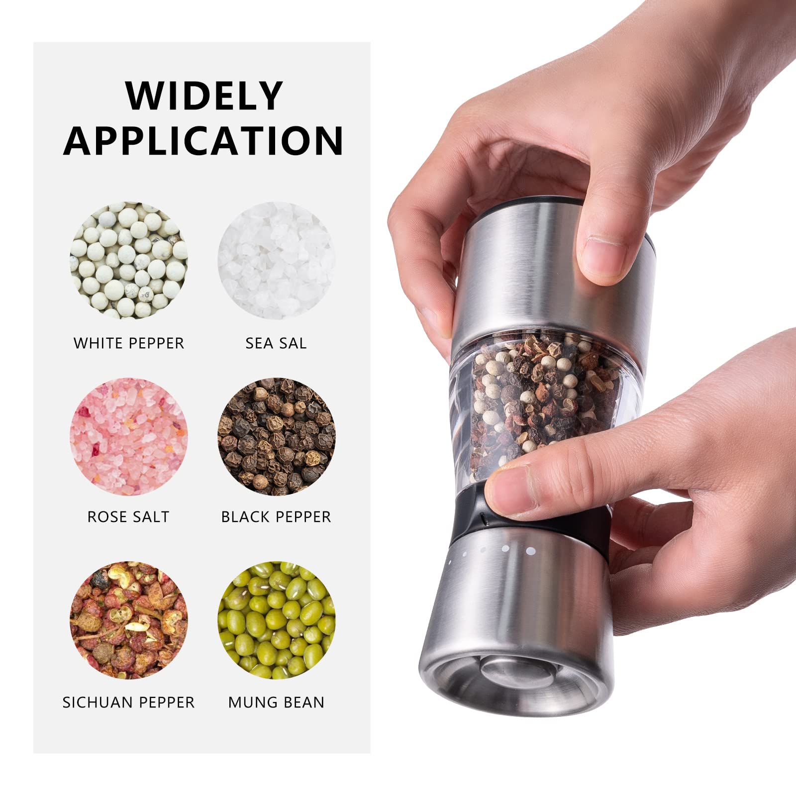 Pepper Grinder, Professional Refillable Pepper Mill with 5 levels Adjustable Coarse Mills, Salt Grinder Stainless Steel Sea Salt & Spice Shakers