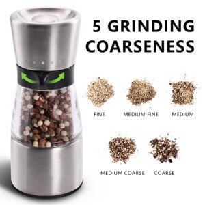 Pepper Grinder, Professional Refillable Pepper Mill with 5 levels Adjustable Coarse Mills, Salt Grinder Stainless Steel Sea Salt & Spice Shakers