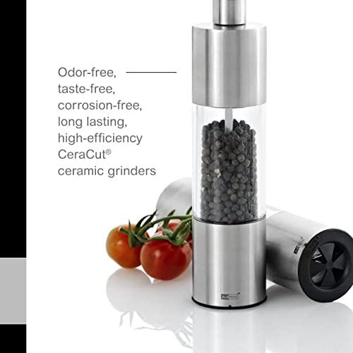 Adhoc Classic Medium Pepper or Salt Mill - Acrylic Salt & Pepper Grinders with Grinder Closing Mechanism - Refillable Spice Tool - Hand Wash Kitchen Gadget - Stainless Steel