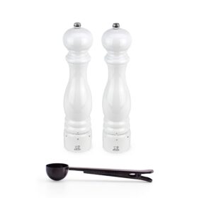 peugeot paris u'select white lacquer salt & pepper mill, gift set - with stainless steel spice scoop/bag clip (12 inch)