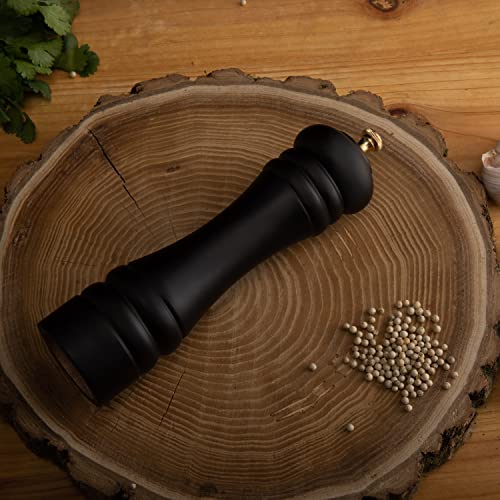 Black Pepper Mill or Salt Grinder Refillable, Adjustable Coarseness Wooden Salt Grinder with Ceramic Grinding Mechanism for Home, Kitchen, Barbecue, Party-8 inch (Black+ Gold)