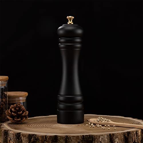 Black Pepper Mill or Salt Grinder Refillable, Adjustable Coarseness Wooden Salt Grinder with Ceramic Grinding Mechanism for Home, Kitchen, Barbecue, Party-8 inch (Black+ Gold)