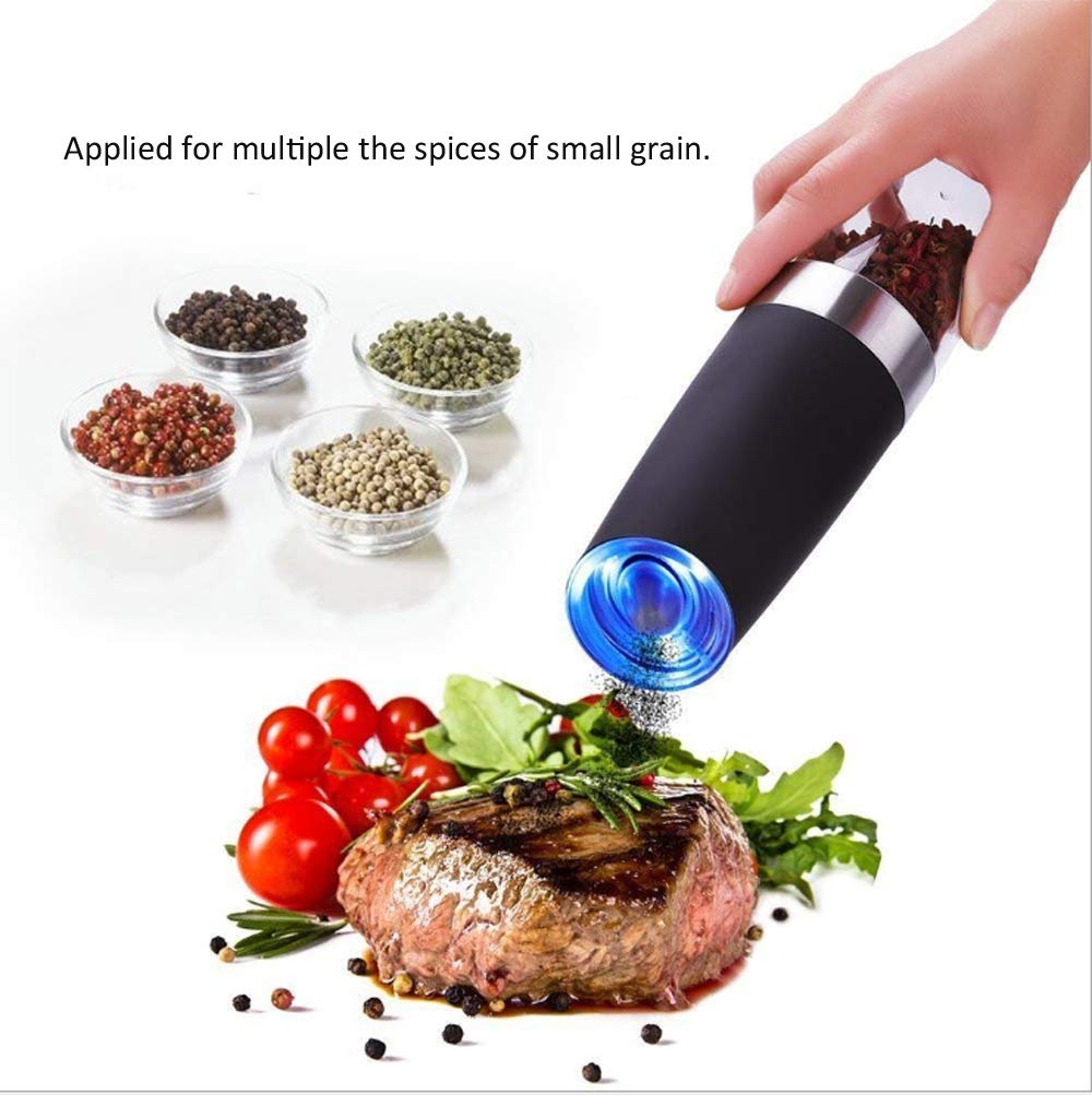 Fshopping Electric Salt and Pepper Grinder Gravity Induction Starting with Adjustable Coarseness Battery Power Supply Blue led Light one-Hand Operation one Set of 2pcs
