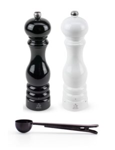 peugeot paris u'select salt & pepper mill, gift set, black & white lacquer - with stainless steel spice scoop/bag clip (9 inch)