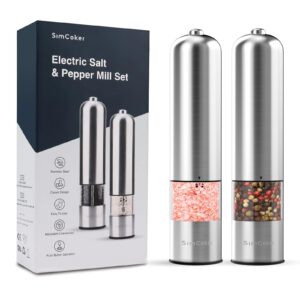 simcoker electric salt and pepper grinder set, battery operated stainless steel pepper grinder mill electric with light, automatic one handed operation, adjustable coarseness, ceramic grinder, 2 pack