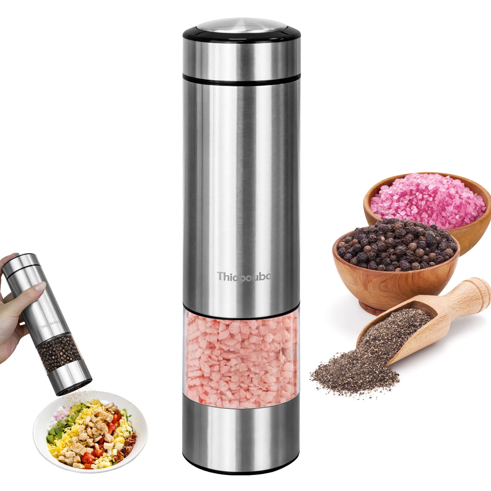 Electric Salt and Pepper Grinder - Stainless Steel Pepper Mill Battery Operated Automatic Spice Grinder - One Handed Push Button Grinder with LED Light and Adjustable Coarseness