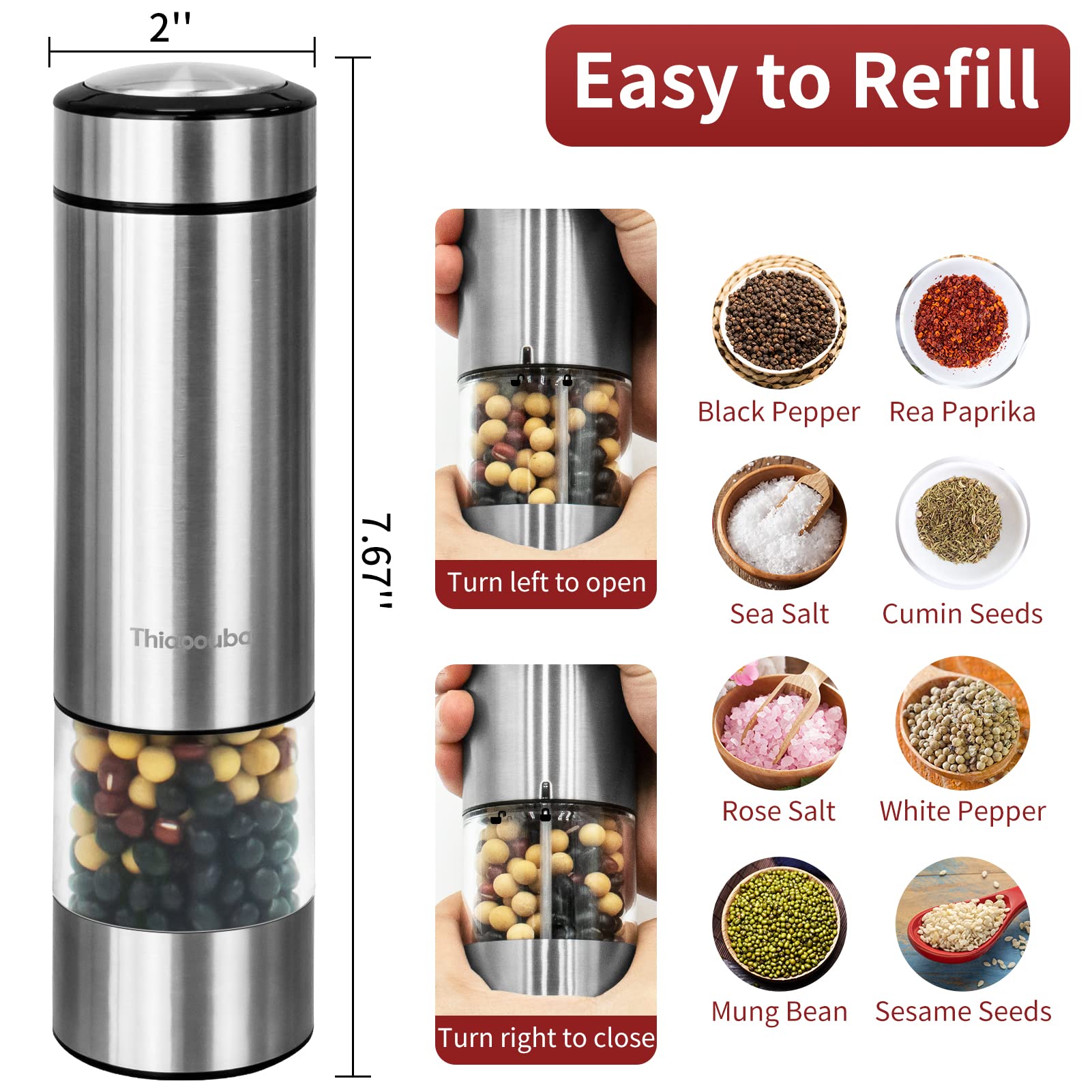 Electric Salt and Pepper Grinder - Stainless Steel Pepper Mill Battery Operated Automatic Spice Grinder - One Handed Push Button Grinder with LED Light and Adjustable Coarseness