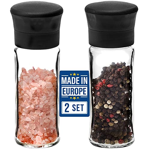 Crystalia Pepper Grinder Set of 2, Salt and Pepper Mills with Ceramic Mechanism, Glass Body, BPA-Free Plastic Lid