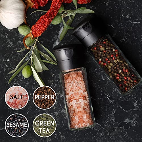 Crystalia Pepper Grinder Set of 2, Salt and Pepper Mills with Ceramic Mechanism, Glass Body, BPA-Free Plastic Lid