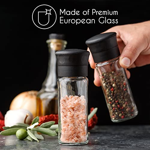 Crystalia Pepper Grinder Set of 2, Salt and Pepper Mills with Ceramic Mechanism, Glass Body, BPA-Free Plastic Lid