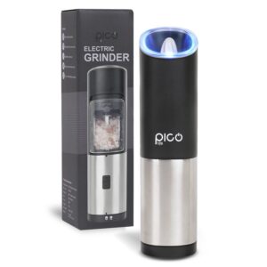 picolife portable electric pepper mill - coarseness adjustable stainless steel automatic operation grinder with gravity sensor & blue light, battery powered