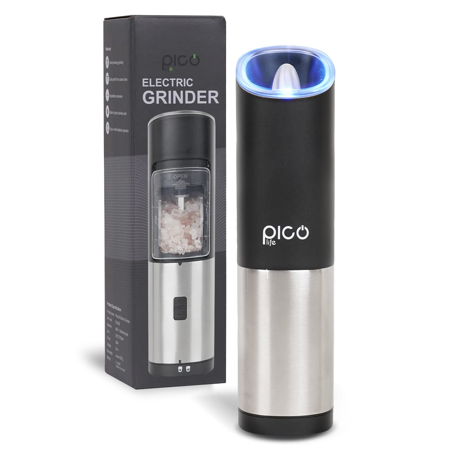 Picolife Portable Electric Pepper Mill - Coarseness Adjustable Stainless Steel Automatic Operation Grinder with Gravity Sensor & Blue Light, Battery Powered