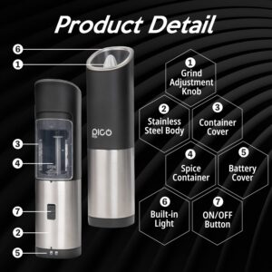 Picolife Portable Electric Pepper Mill - Coarseness Adjustable Stainless Steel Automatic Operation Grinder with Gravity Sensor & Blue Light, Battery Powered