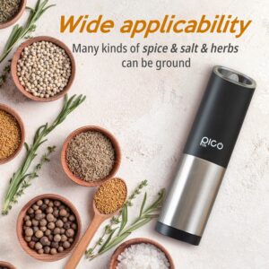 Picolife Portable Electric Pepper Mill - Coarseness Adjustable Stainless Steel Automatic Operation Grinder with Gravity Sensor & Blue Light, Battery Powered