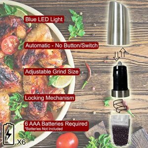 Admired By Nature Electric Salt and Pepper Grinder, Battery-Operated with Adjustable Coarsenessa, Blue LED light and Automatic one handed grinder, ABN5M009-SLVR, Silver