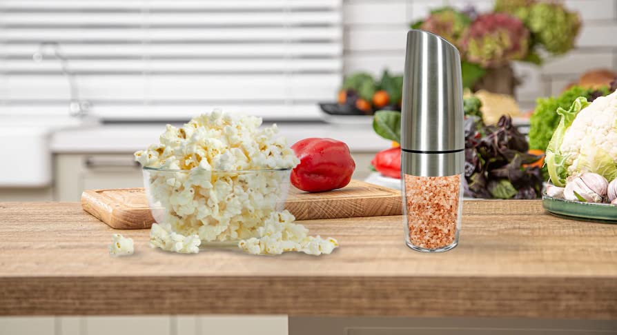 Admired By Nature Electric Salt and Pepper Grinder, Battery-Operated with Adjustable Coarsenessa, Blue LED light and Automatic one handed grinder, ABN5M009-SLVR, Silver