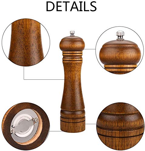 Refillable Wooden Pepper Mill - Big Solid Oaken Wood Gourmet Professional Mills Shaker with Strong Non-corrosive Adjustable Ceramic Grinder Mechanism - Fine to Coarse - 8 in