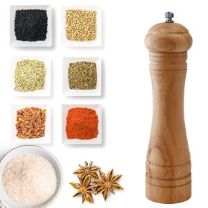 wooden pepper grinder pepper mill with adjustable coarseness, refillable ceramic grinding mechanism salt mill - 8 inches (1 pack)