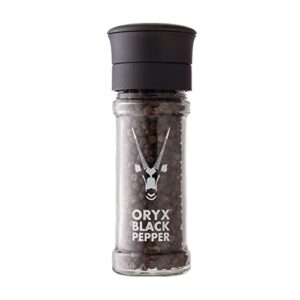 oryx black pepper mill - ceramic pepper grinder refillable - naturally organic peppercorn seasoning grinder – premium whole black peppercorns from madagascar, 1.26 oz