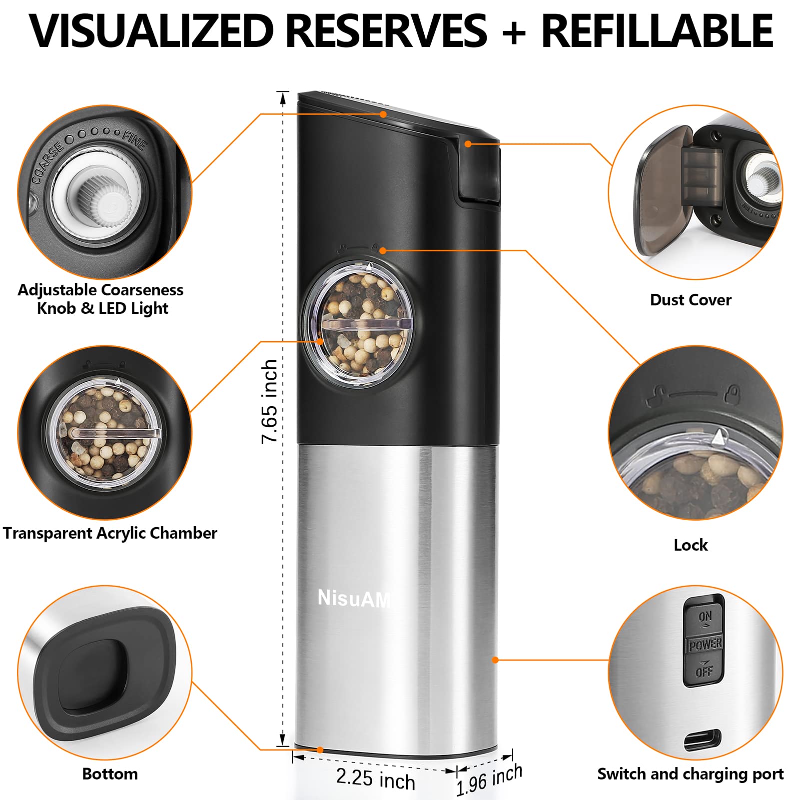 Rechargeable Salt or Pepper Grinder,NisuAM Gravity Automatic Pepper Mill with White LED light, One Handed Operation Spice Grinder ，Upgraded Salt Grinder Adjustable Coarseness, Refillable, No Battery
