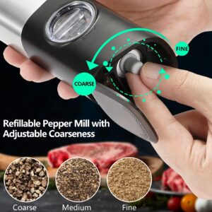 Rechargeable Salt or Pepper Grinder,NisuAM Gravity Automatic Pepper Mill with White LED light, One Handed Operation Spice Grinder ，Upgraded Salt Grinder Adjustable Coarseness, Refillable, No Battery