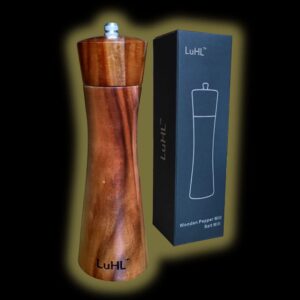 luhl™ 8 inch small pretty waist acacia wooden pepper or salt mill, manual spice grinder