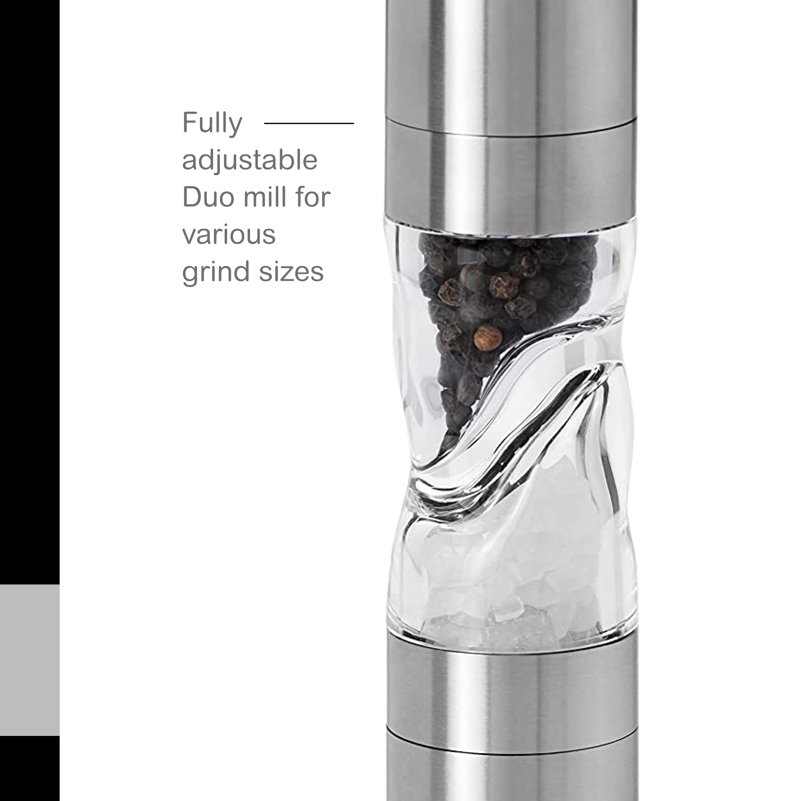 AdHoc Duomill Pure Salt and Pepper Combo Mill - 2-in-1 Salt and Pepper Grinder with Aroma Bottom Cap - Adjustable Grinder - Refillable Spice Tools - Hand Wash Kitchen Tool - Stainless Steel, 9"