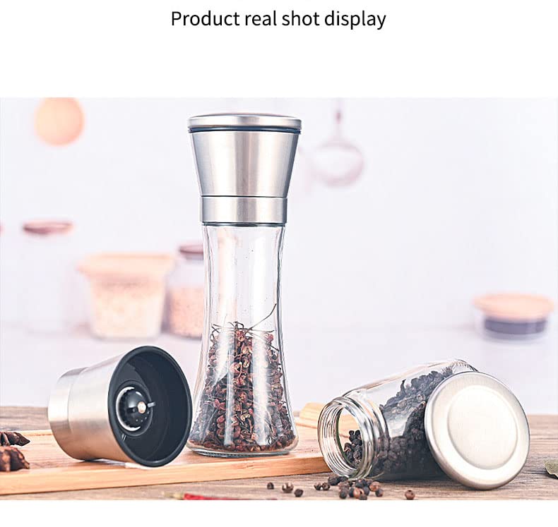 HELPLO Stainless steel Pepper Grinder Pepper Mill, Salt Grinder Refillable, Adjustable Coarseness Black Pepper Grinder, Stainless Steel Sea Salt Shaker with Ceramic Rotor (high)