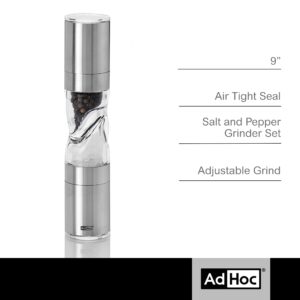 AdHoc Duomill Pure Salt and Pepper Combo Mill - 2-in-1 Salt and Pepper Grinder with Aroma Bottom Cap - Adjustable Grinder - Refillable Spice Tools - Hand Wash Kitchen Tool - Stainless Steel, 9"