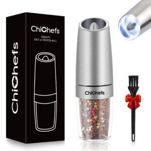 chichefs electric gravity pepper grinder or salt grinder mill, automatic pepper mill, battery operated with white led light, one handed operation, adjustable coarseness, stainless steel