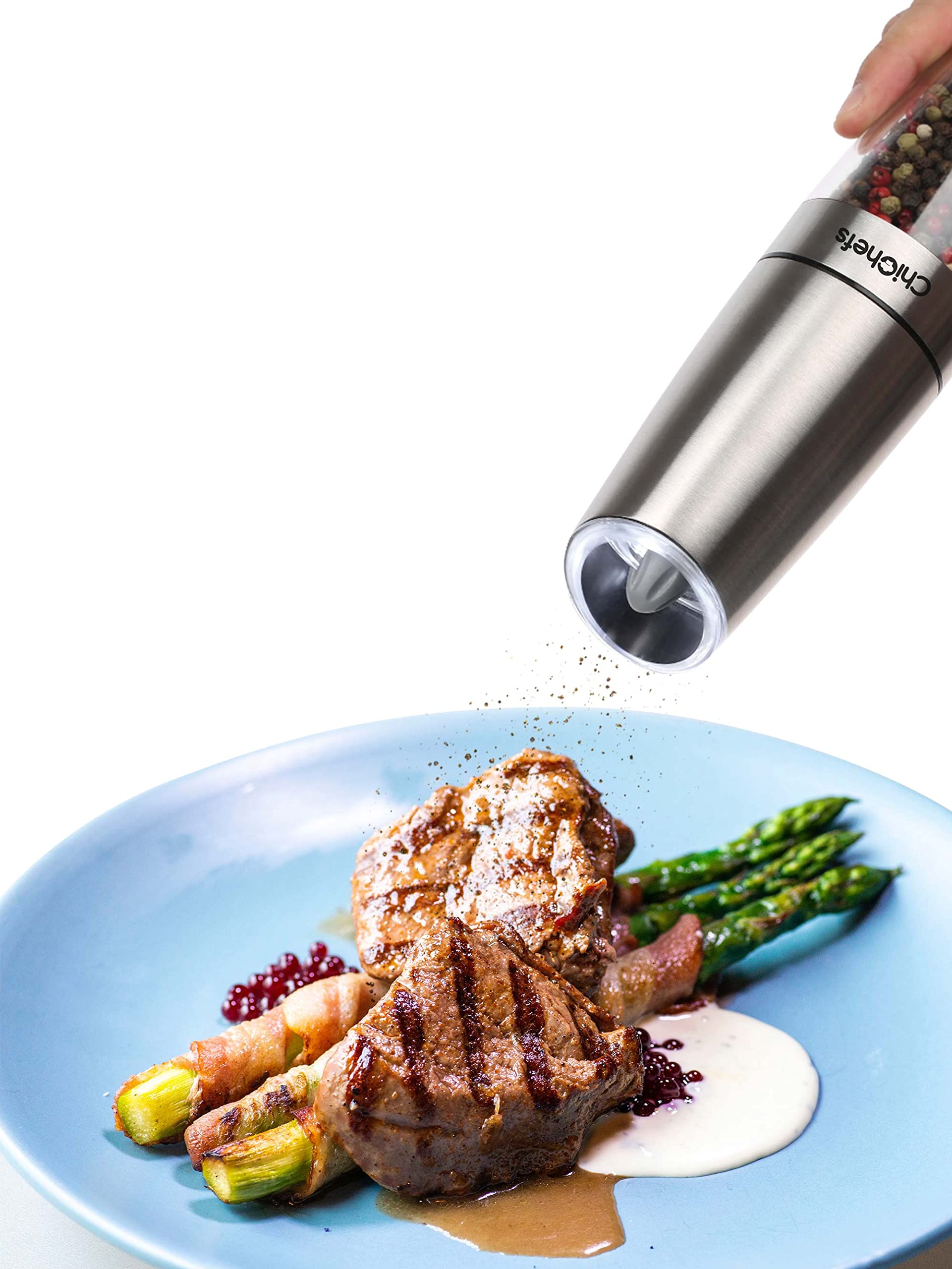 ChiChefs Electric Gravity Pepper Grinder or Salt Grinder Mill, Automatic Pepper Mill, Battery Operated with White LED Light, One Handed Operation, Adjustable Coarseness, Stainless Steel