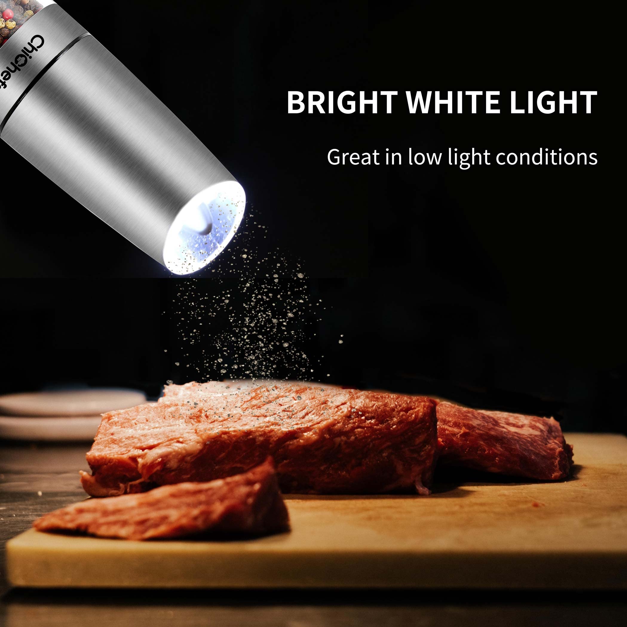 ChiChefs Electric Gravity Pepper Grinder or Salt Grinder Mill, Automatic Pepper Mill, Battery Operated with White LED Light, One Handed Operation, Adjustable Coarseness, Stainless Steel