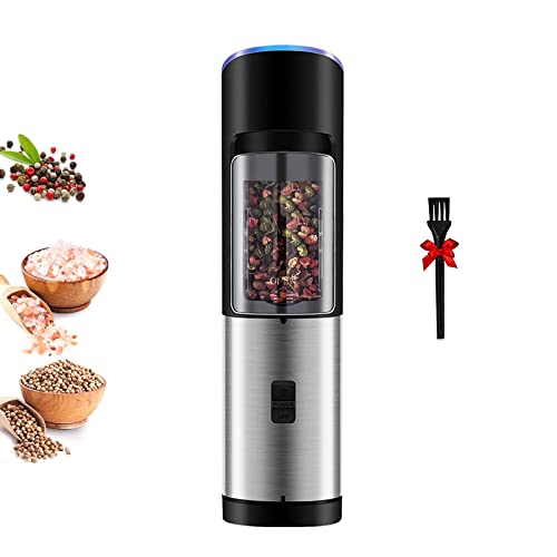 Z-oneMart Electric Salt and Pepper Grinder Set,Stainless Steel Mill with Adjustable Coarseness,LED Blue Light Spice Mill,Automatic One Handed Operation,Battery Operated,Ceramic Grinders