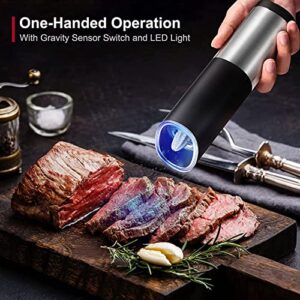 Z-oneMart Electric Salt and Pepper Grinder Set,Stainless Steel Mill with Adjustable Coarseness,LED Blue Light Spice Mill,Automatic One Handed Operation,Battery Operated,Ceramic Grinders