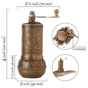 Decorative Black Pepper Grinder, Refillable Turkish Spice Mill with Adjustable Coarseness, Manual Pepper Mill with Handle, Spice Grinder Metal with Hand Crank, Antique Gold