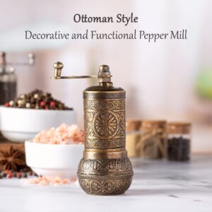 Decorative Black Pepper Grinder, Refillable Turkish Spice Mill with Adjustable Coarseness, Manual Pepper Mill with Handle, Spice Grinder Metal with Hand Crank, Antique Gold