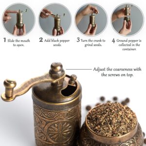 Decorative Black Pepper Grinder, Refillable Turkish Spice Mill with Adjustable Coarseness, Manual Pepper Mill with Handle, Spice Grinder Metal with Hand Crank, Antique Gold