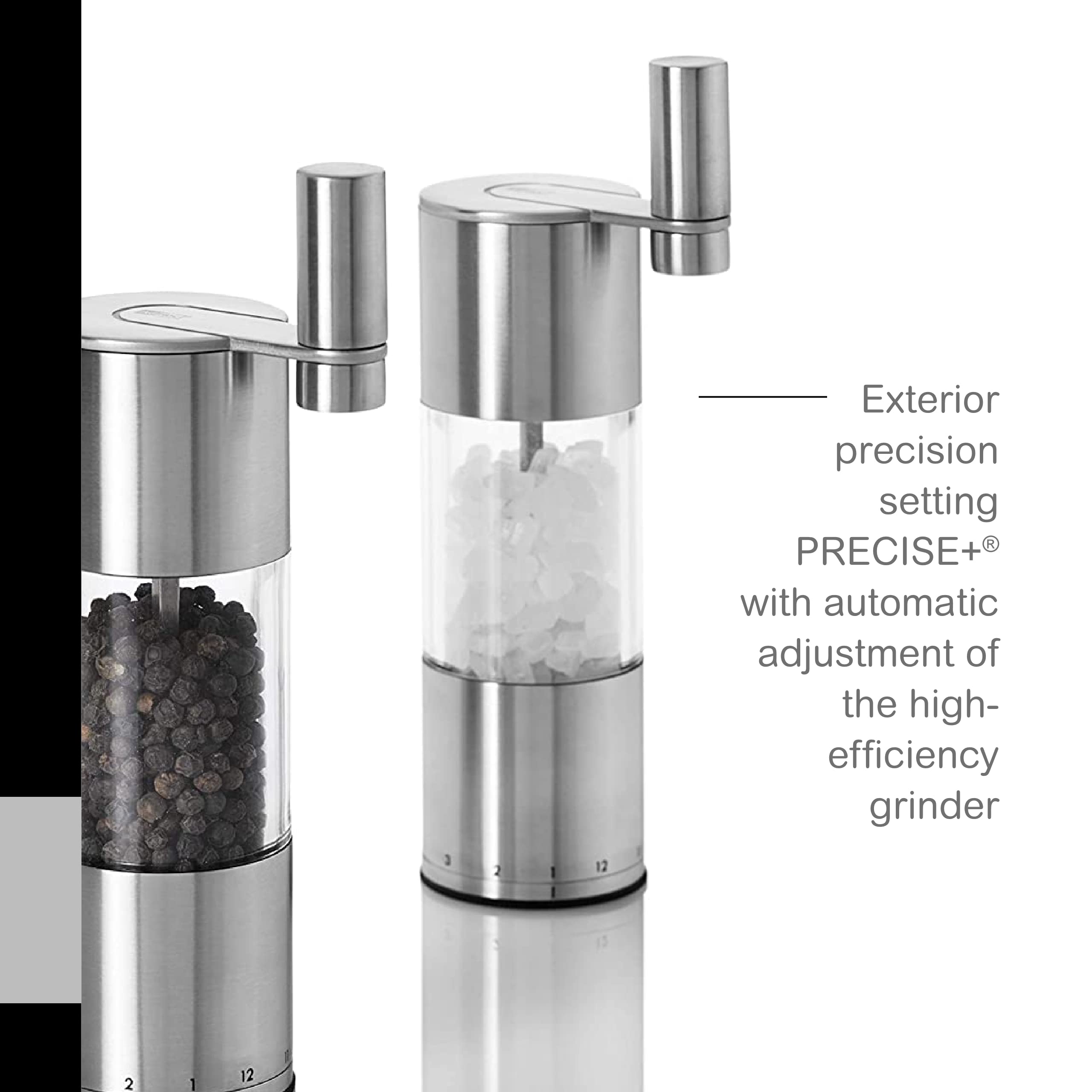 AdHoc Select Salt or Pepper Grinder - Manual Salt & Pepper Mill with a Gear Crank System - Adjustable Grind Level from Fine to Coarse Granules - Stainless Steel, 7.5"