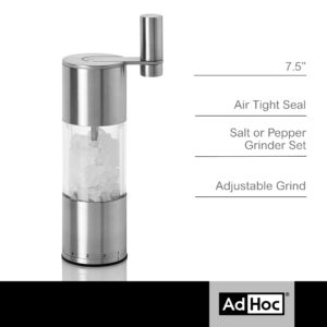 AdHoc Select Salt or Pepper Grinder - Manual Salt & Pepper Mill with a Gear Crank System - Adjustable Grind Level from Fine to Coarse Granules - Stainless Steel, 7.5"