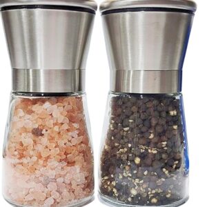 2 Packs Salt and Pepper Mills Brushed Stainless Steel Salt and Pepper Grinder Set(Pack of 2) with Adjustable Ceramic Coarseness Grinder and Glass Body- Salt and Pepper Shakers